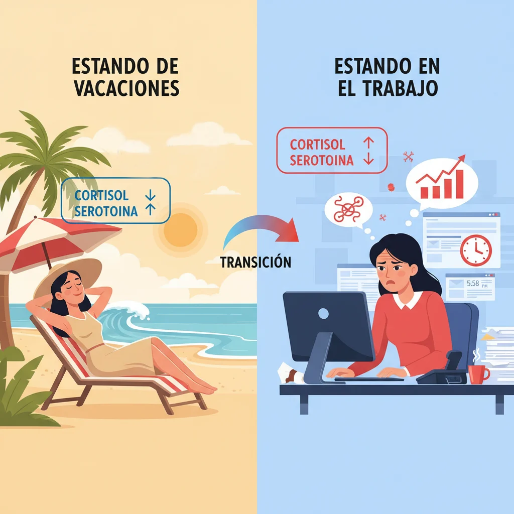 Infografía de cambio fisiológico entre las vacaciones y el trabajo.