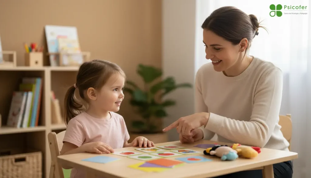 Logopeda trabajando con niño pequeño en sesión terapéutica cercana y profesional