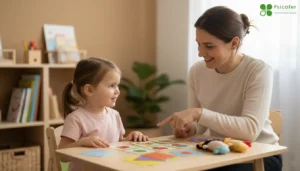 Logopeda trabajando con niño pequeño en sesión terapéutica cercana y profesional