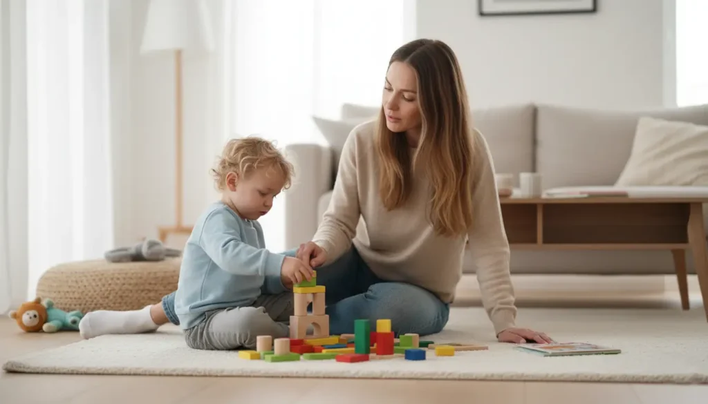 Madre observando atentamente a su hijo pequeño jugando