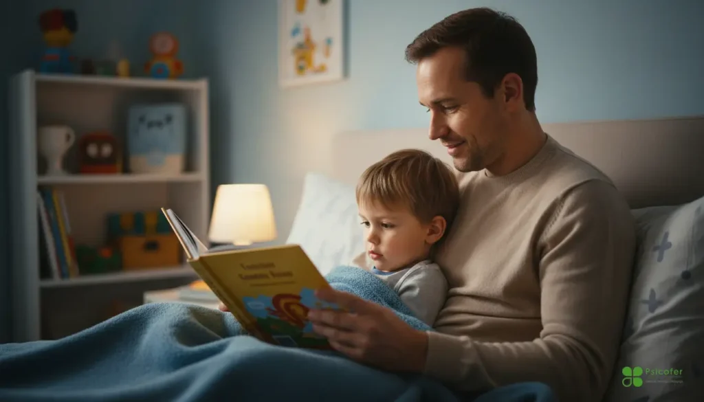Padre leyendo cuento a su hijo favoreciendo desarrollo del lenguaje y vocabulario infantil