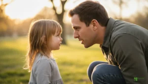 Padre comunicándose con su hija pequeña a su altura favoreciendo desarrollo del lenguaje