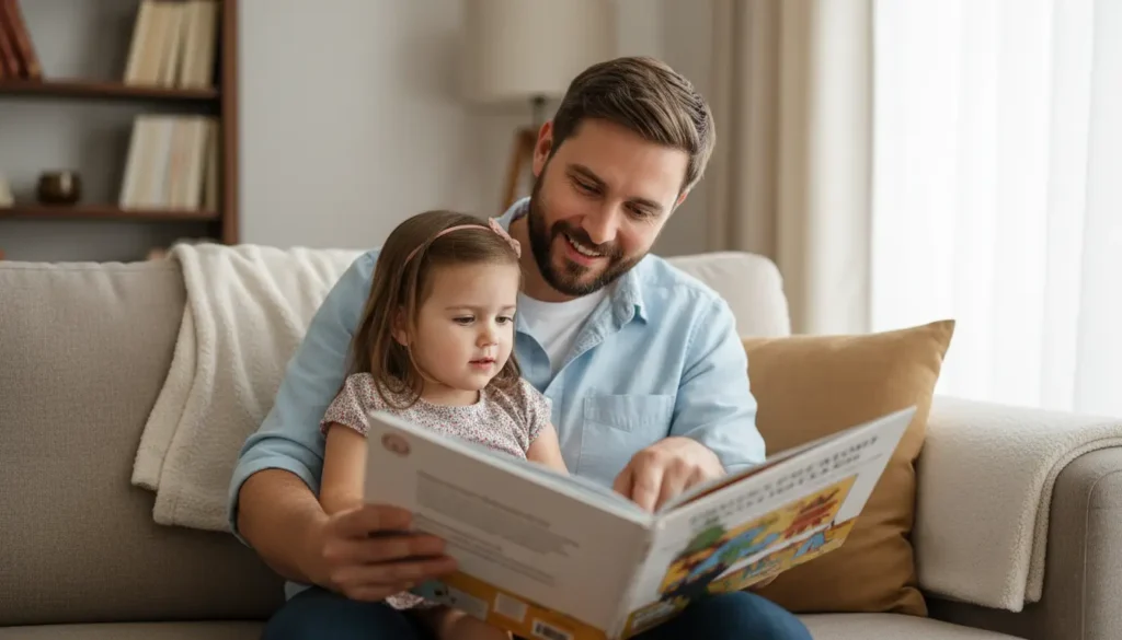 Padre leyendo cuento con su hija pequeña. Desarrrollo Lenguaje. Estimulación