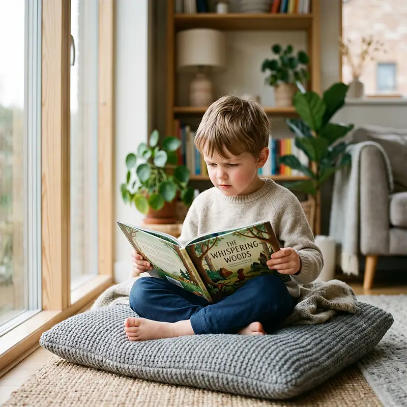 Niño de cinco años leyendo un libro con profunda concentración en el salón de casa, ilustrando el proceso de evaluación y diagnóstico de altas capacidades infantiles en Psicofer.