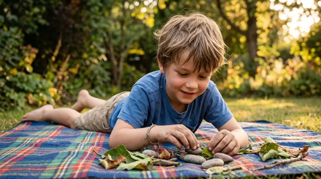 Niño jugando de forma libre en el jardín durante el verano, descanso y desarrollo cerebral infantil