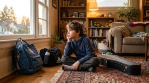 Niño de 8 años rodeado de mochila y bolsas de actividades extraescolares, con gesto de cansancio