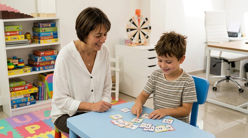 Pedagoga trabaja la lectura con un niño con dislexia en el centro Psicofer de Bilbao y Mungia